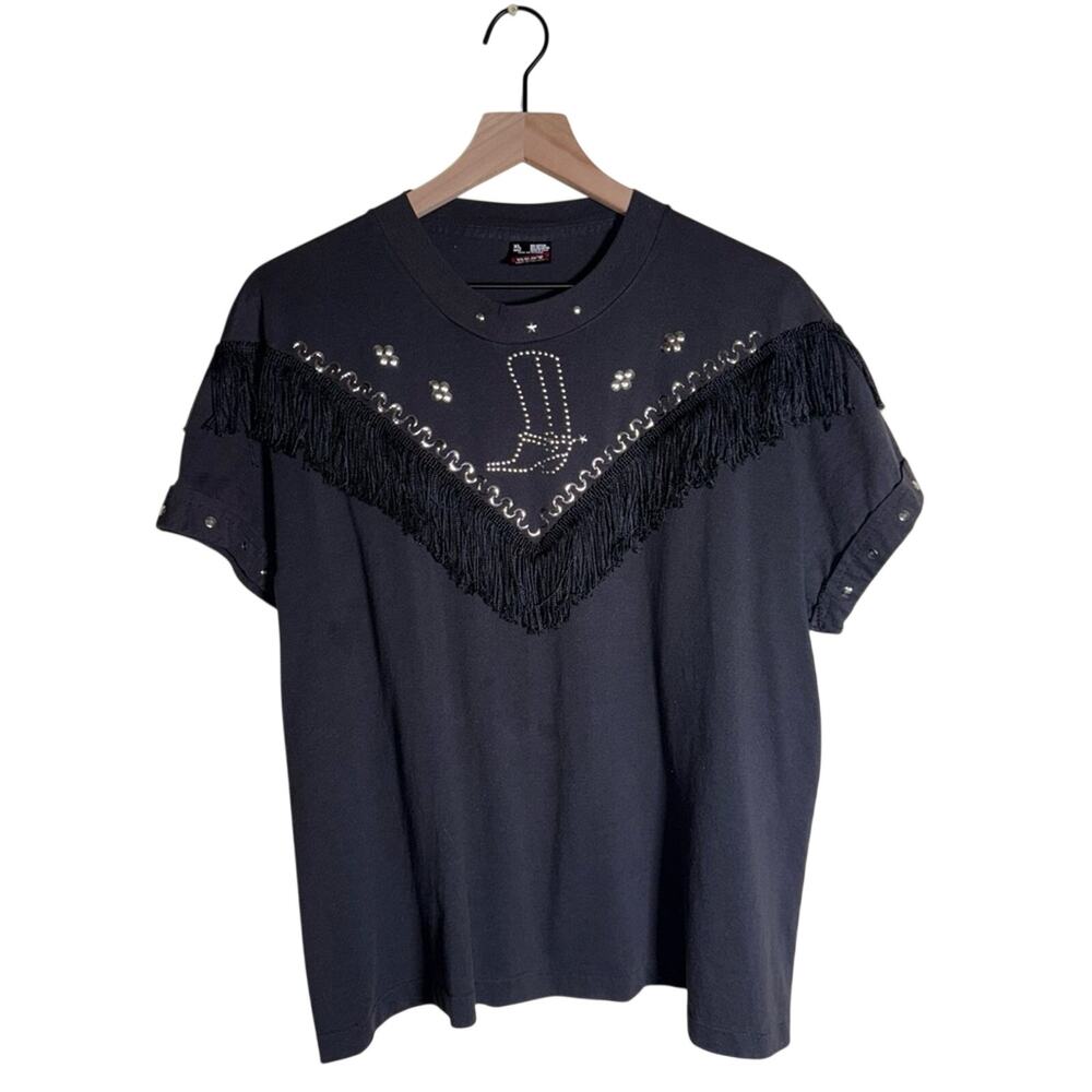 VINTAGE 90s Western rodeo cowgirl Fruit of the Loom fringe tassel stud tee XL